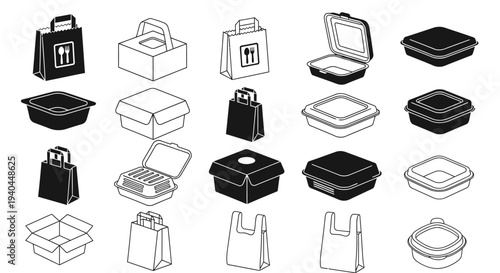 Various food delivery containers and bags vector illustration, flat design