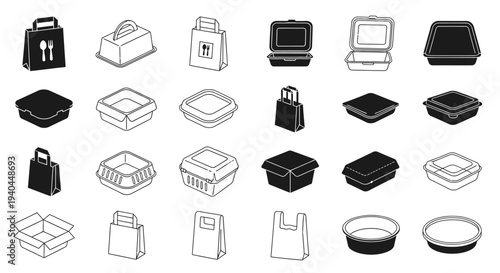 Various food delivery containers and bags vector illustration, flat design