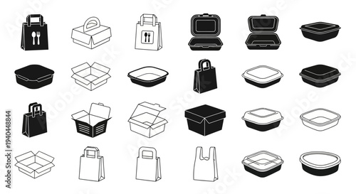 Various food delivery containers and bags vector illustration, flat design