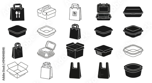 Various food delivery containers and bags vector illustration, flat design