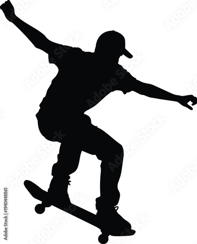 Professional skateboarder performing jump trick silhouette vector illustration, extreme sports athlete for urban street culture design