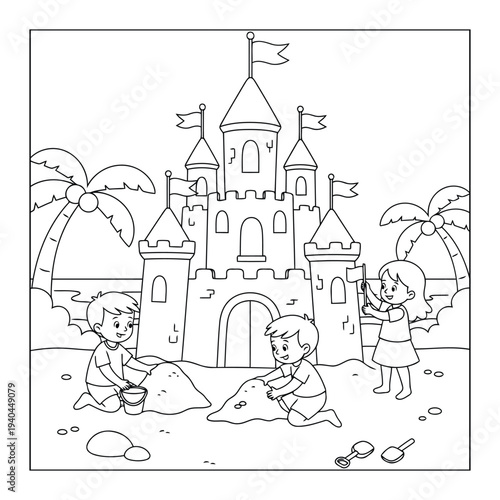 Sandcastle coloring page with children building a beach castle near palm trees