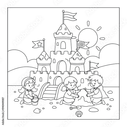 Sandcastle coloring page with happy children building a big beach castle together