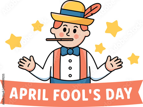 Funny boy character wearing hat and bow tie, celebrating April Fools Day with a colorful banner