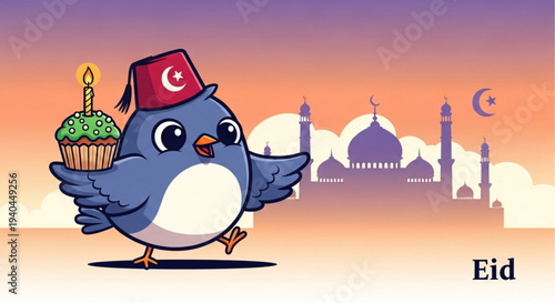 Cartoon blue bird wearing turkish hat holds green cupcake with candle before mosque at sunset