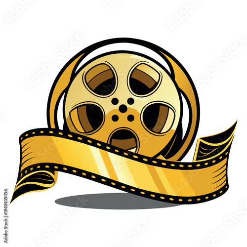 Vintage gold film reel with ribbon banner