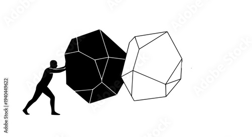 Silhouette of determined person pushing large geometric shapes representing struggle against obstacle or challenge requiring significant effort for successful completion or breakthrough moment.