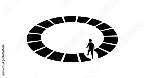 Minimalist black silhouette of a person walking forward on an abstract segmented circular path icon. This graphic illustration symbolizes life's journey, continuous progress, endless cycle, challenge,