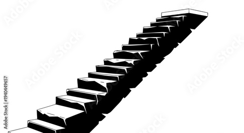 Monochrome vector illustration depicting abstract stairs leading upwards toward a floating platform representing achievement, growth opportunity, 