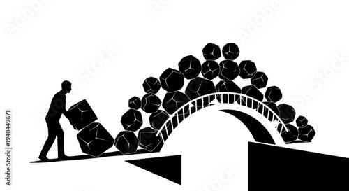 Man building a bridge with heavy geometric stones, symbolizing construction, progress, and overcoming significant challenges through hard work, effort.