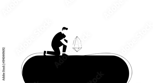 Minimalist illustration depicting a person kneeling beside a large geometric shape, possibly a crystal or abstract sculpture, isolated on a clean white background emphasizing concept and design.