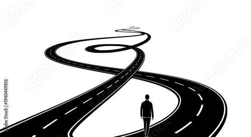 Single businessman walking forward on a long, winding, and complex black and white asphalt road illustration symbolizing long journey, uncertainty, and future direction concept.