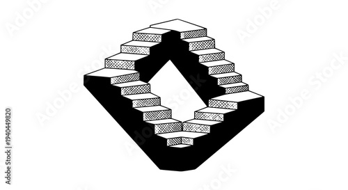 Abstract monochrome illustration depicting an impossible shape created by interlocking staircases forming a continuous loop, ideal for cognitive concepts or graphic design challenges.