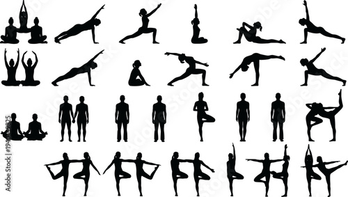 Yoga pose silhouettes collection with meditation stretching fitness exercise healthy lifestyle balance training people flat vector illustration set