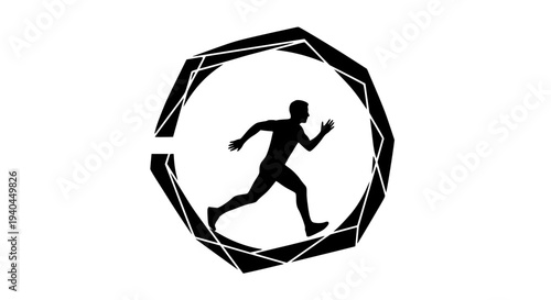 Silhouette of a determined male athlete running dynamically inside a modern, abstract geometric shape border, perfect for sports branding, fitness logos, or competitive challenge iconography designs.