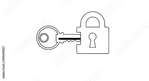 Padlock with a silver key inserted into its keyhole, illustrating concepts of security, unlocking, access, privacy, protection, and problem-solving. This simple line art icon represents solutions .