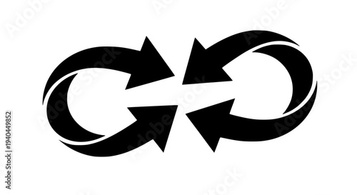 Black arrows forming an infinity loop symbol. This graphic icon clearly illustrates concepts of circular economy, recycling, sustainability, continuous process, endless flow, connection, and renewable