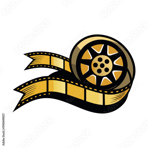 Vintage gold film reel with ribbon banner and ‘UNNVOLD’ text, retro cinema logo style, flat vector illustration, bold black outline,