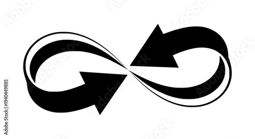 Infinity symbol with two black arrows on a pure white background, representing continuous flow, endless cycles, and perpetual motion. 