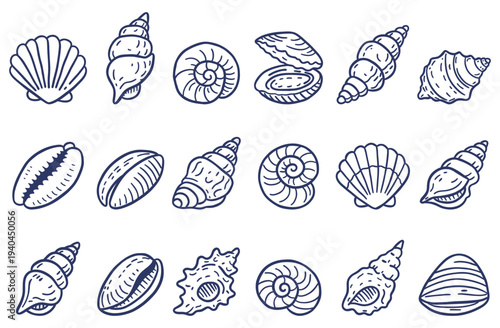 Hand drawn seashell outline icon set