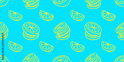 Minimal lemon outline seamless pattern with citrus slices on bright blue background