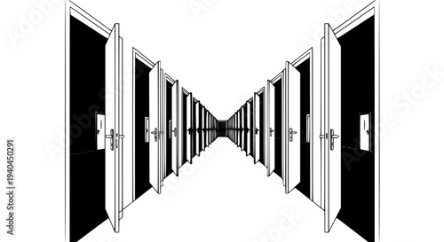 Endless corridor perspective lined with many open and closed doors creating abstract tunnel vision symbolizing numerous choices, opportunities, or challenging pathways toward an unknown future .
