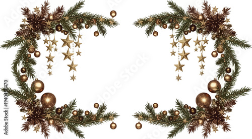 A festive Christmas border frame decorated with gold ornaments and stars on a white background