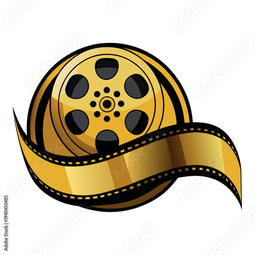 Vintage gold film reel with ribbon banner