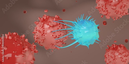 Foto Cytotoxic T cells (blue) attack a cancer cell (red)