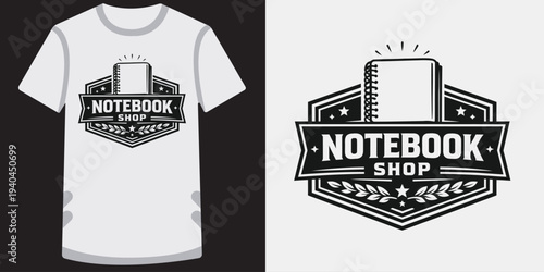 Creative tshirt design featuring a stylish notebook shop logo with an open notebook and laurel wreath elements perfect for book lovers and stationery businesses