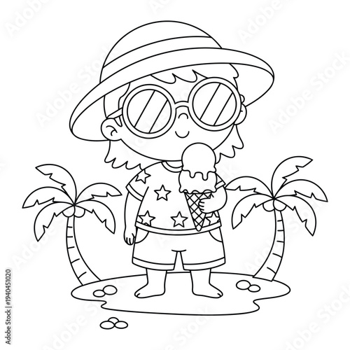 Ice cream coloring page featuring a happy kid wearing sunglasses enjoying summer treat