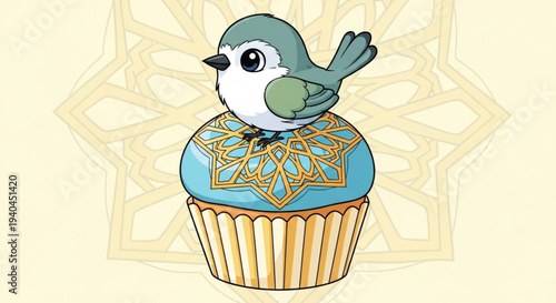 A blue bird sits on top of a decorated cupcake with blue frosting and gold design on a pale background