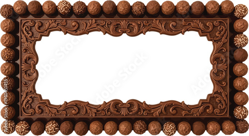 A beautifully crafted wooden picture frame with intricate carvings and ornate details on a white background