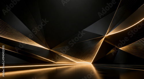 Black geometric shards with golden edges, abstract crystal, warm amber contrast