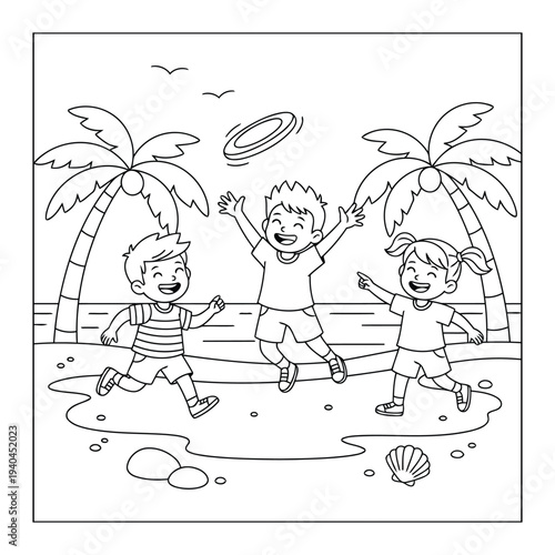 Kids playing frisbee on beach coloring page with palm trees ocean and shells