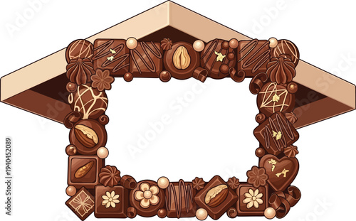 A decorative chocolate frame filled with various sweet treats on a white background