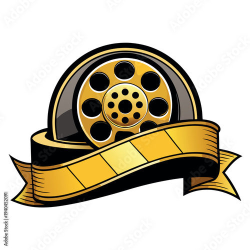 Vintage gold film reel with ribbon banner