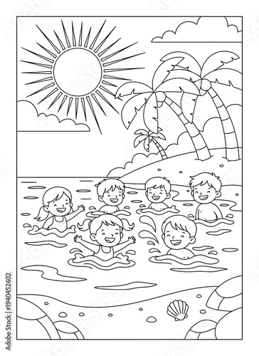  Kids swimming in ocean coloring page with tropical beach sun and palm trees
