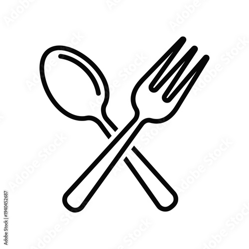 Simple black and white illustration of crossed fork and spoon