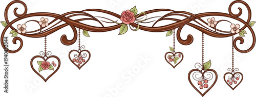 A beautiful illustration of a heart-shaped floral border with hanging hearts and roses