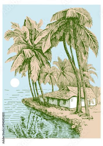 Vector tropical landscape. Large palm trees and a small house near the ocean. Idyllic image.