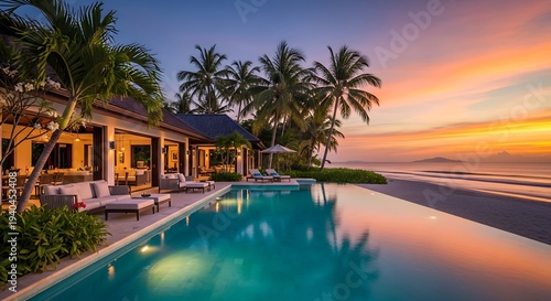 Luxury villa with swimming pool at sunset tropical ocean view