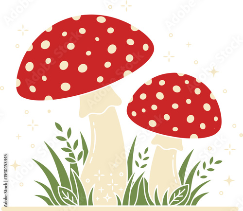 A poisonous red fly agaric Amanita muscaria mushroom with a spotted toxic cap grows in the autumn forest grass in this colorful nature illustration