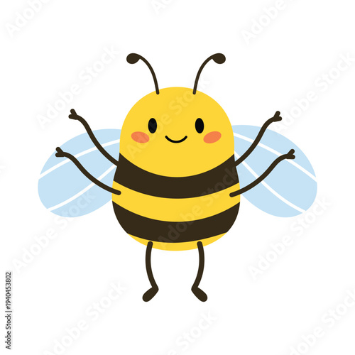 Cute happy bee character. Funny smiling honey bee insect mascot. Spring nature pollinator concept. Flat vector illustration isolated on white background.