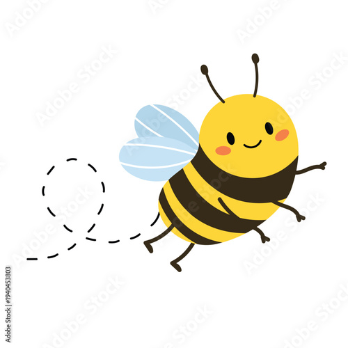Cute flying bee with dotted flight trail. Happy smiling honey bee insect character. Spring nature pollinator symbol. Flat vector illustration isolated on white background.