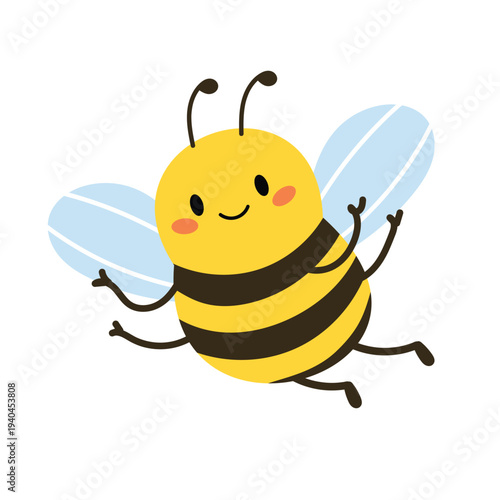 Cute flying bee insect character. Happy honey bee pollinator with wings. Spring nature garden symbol. Flat vector illustration isolated on white background.