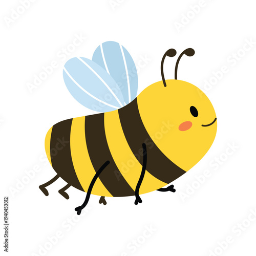 Cute bee with wings. Funny smiling honey bee insect mascot. Spring garden pollinator concept. Flat vector illustration isolated on white background.
