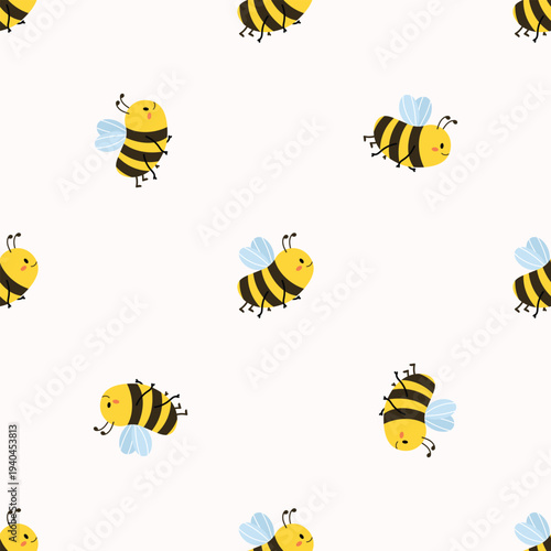 Cute bee seamless pattern with flying honey bee characters. Happy insect pollinator background for spring nature design. 