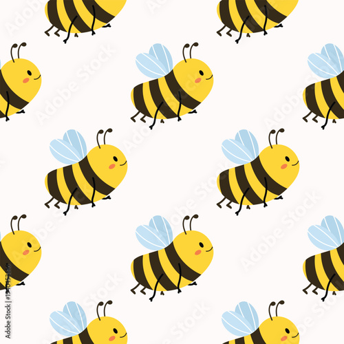 Cute honey bee seamless pattern with smiling insect characters. Funny pollinator background for spring and summer design. Flat vector illustration.