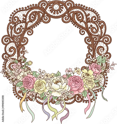 An ornate floral frame with pink and yellow roses and ribbons on a white background